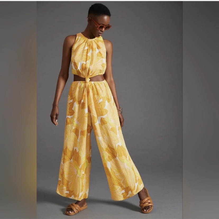 New Anthropologie Faithfull The Brand Zeta Cutout Linen Wide Leg Jumpsuit L